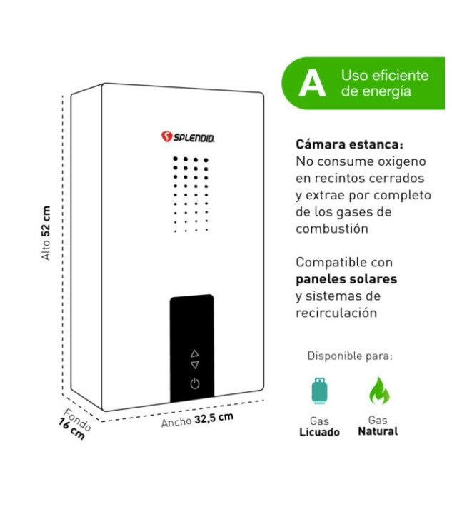 Calefont 10 litros Tiro Forzado Gas Licuado Solar Cámara Estanca Templatech - Splendid