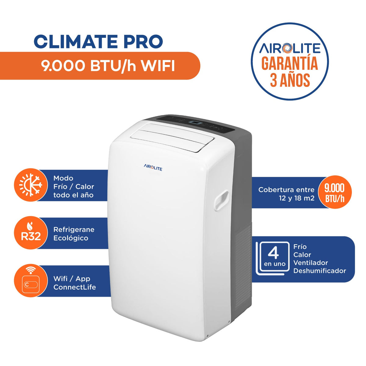 AIRE ACONDICIONADO PORTÁTIL AIROLITE CLIMATE PRO- 9000 BTU WIFI - imagen 2