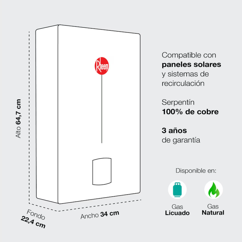 Calefont Digital 10 litros Gas natural Tiro forzado Rheem
