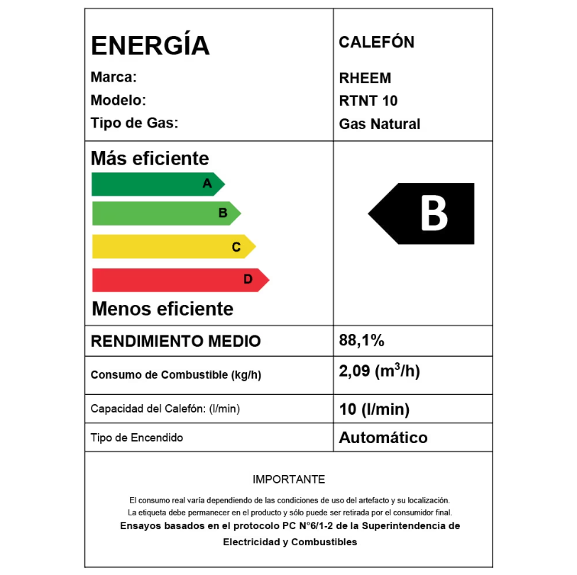 Calefont Digital 10 litros Gas natural Tiro forzado Rheem