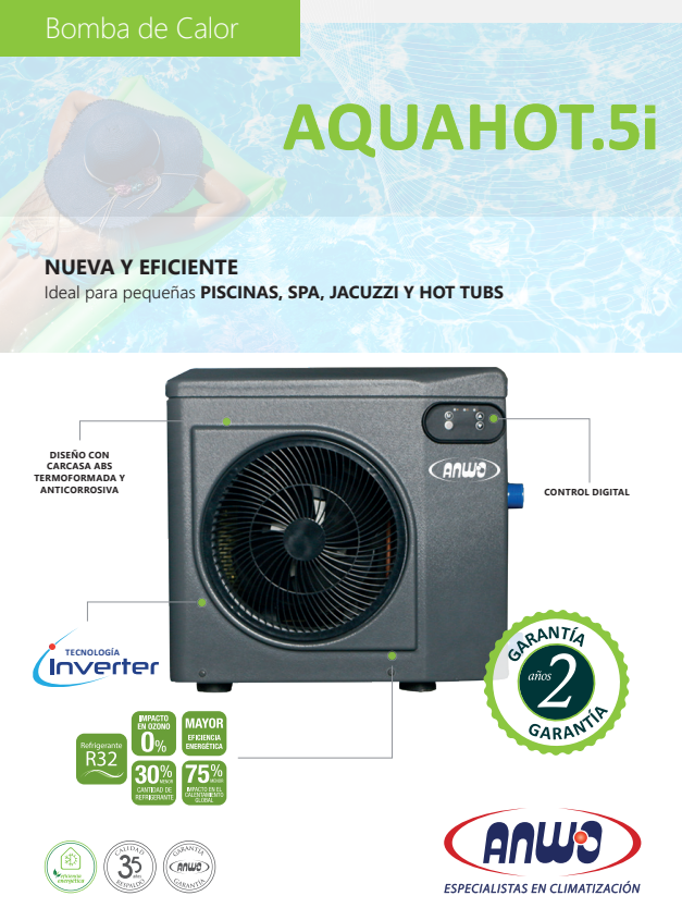 Bomba de calor Piscina Jacuzzi HOT TUB Inverter R32 5KW 5m3 - Anwo