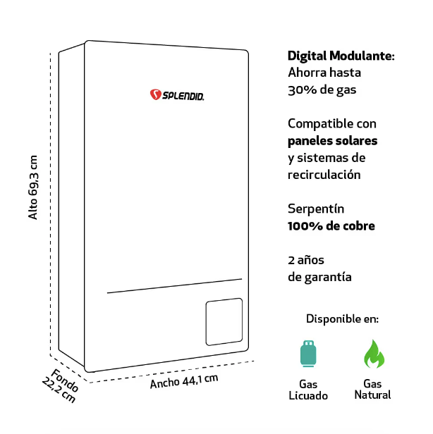 Calefont 16 Litros Tiro Natural Gas Licuado Templatech Fullcontrol - Splendid