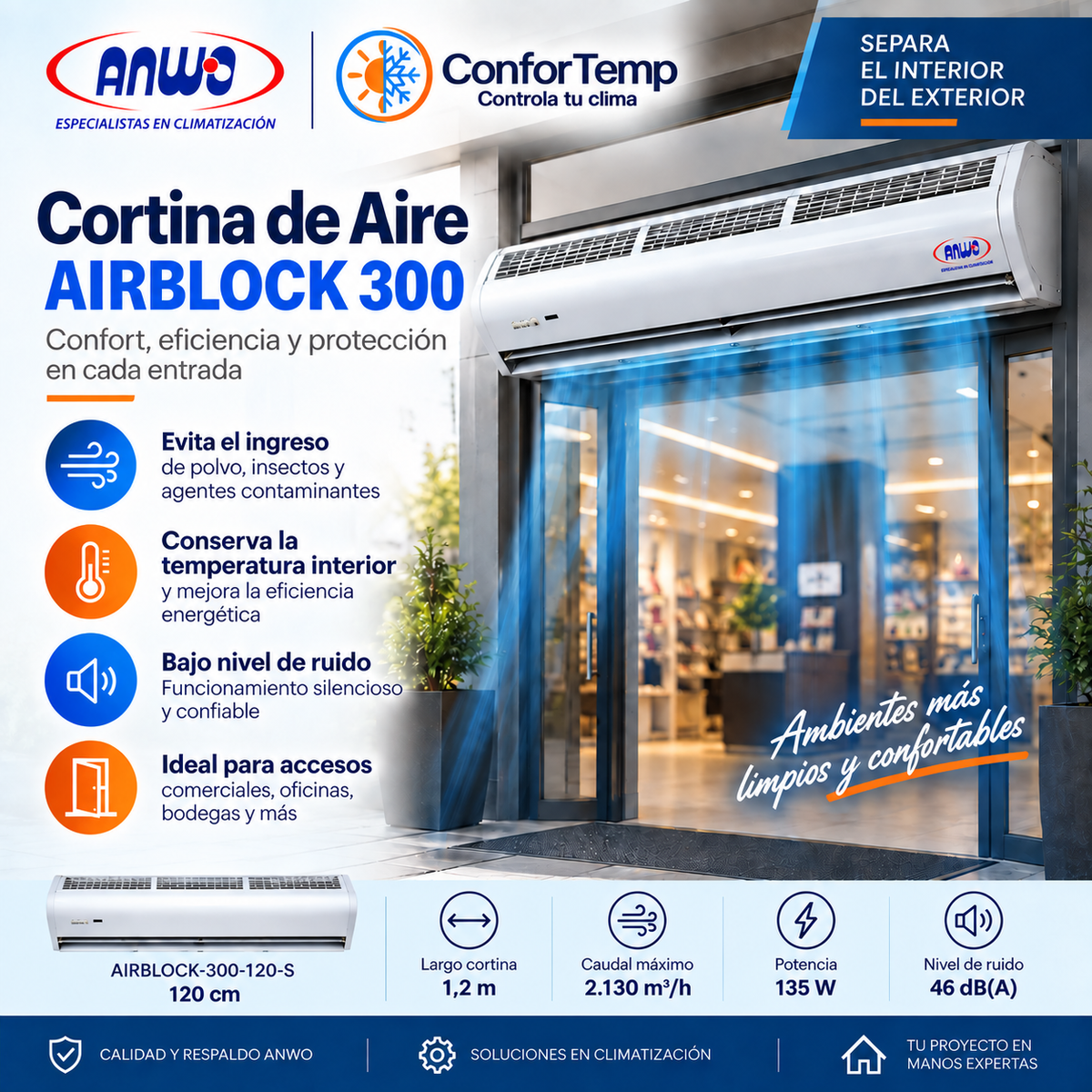 Cortina de aire ANWO AirBlock 300 120 cm modelo AIRBLOCK-300-120-S