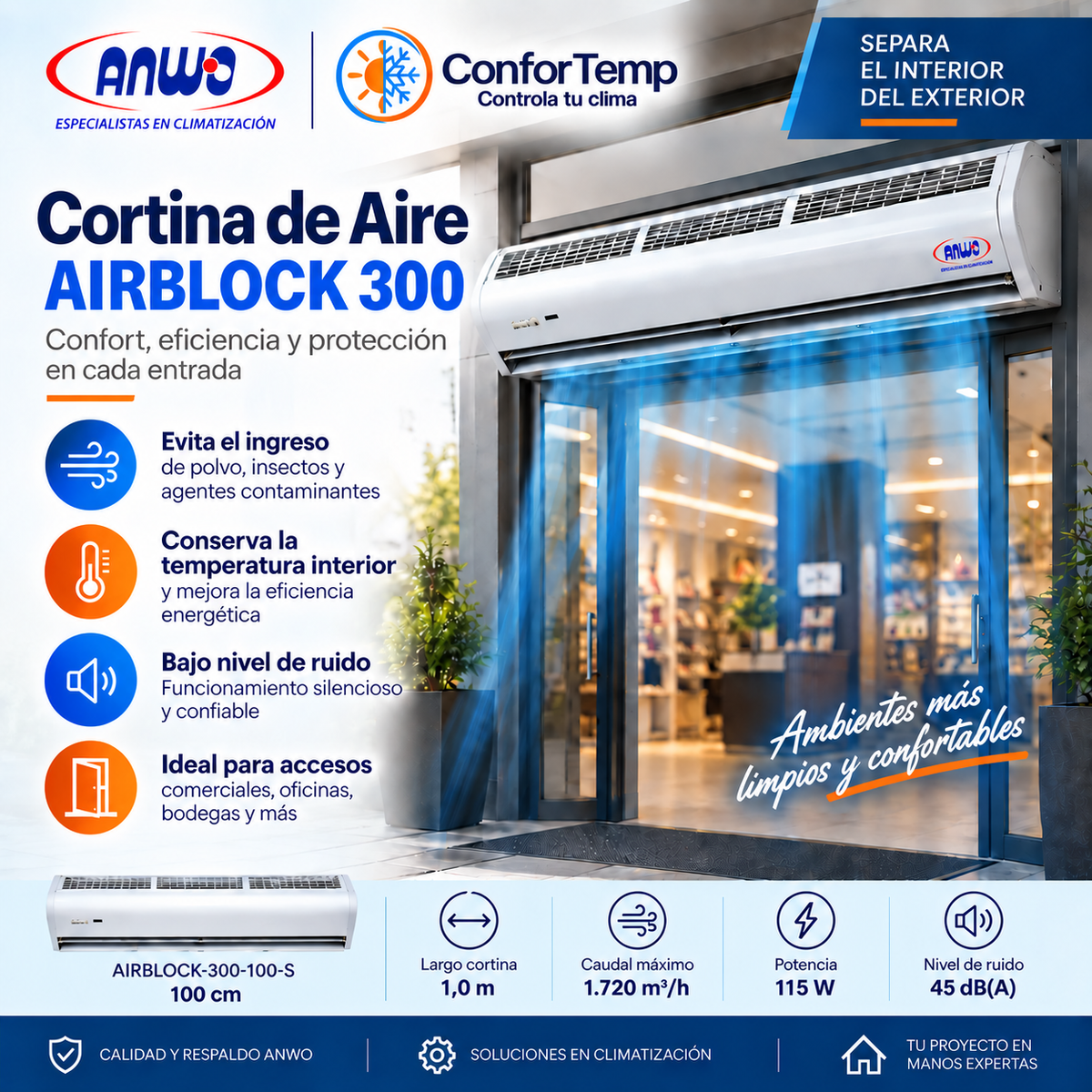Cortina de aire ANWO AirBlock 300 100 cm modelo AIRBLOCK-300-100-S