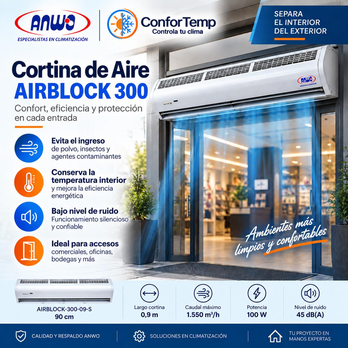 Cortina de aire ANWO AirBlock 300 90 cm modelo AIRBLOCK-300-09-S
