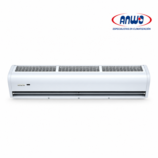 Cortina de aire ANWO AirBlock 300 de 120 cm instalada en acceso comercial