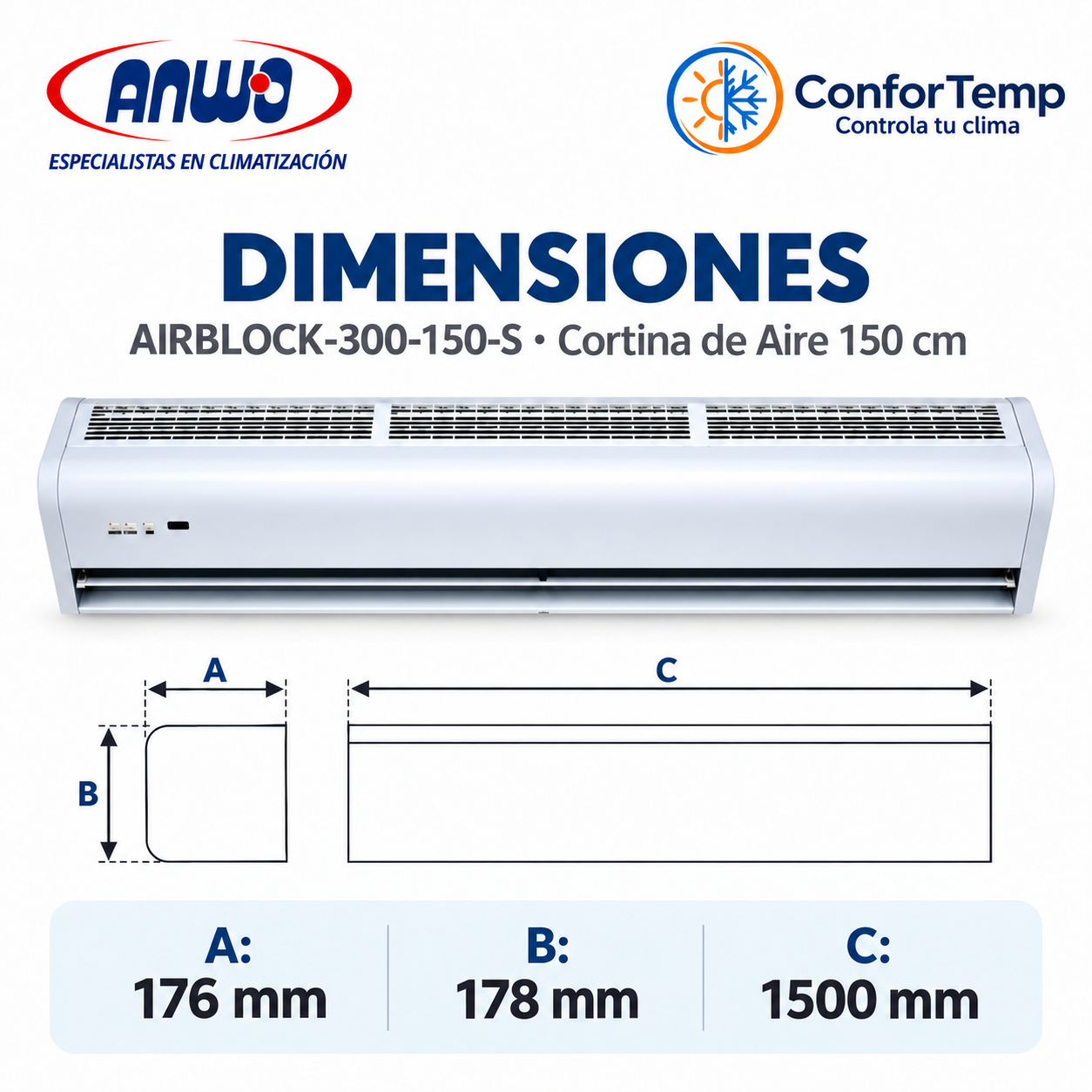 Dimensiones cortina de aire ANWO AirBlock 300 150 cm 1500 x 176 x 178 mm