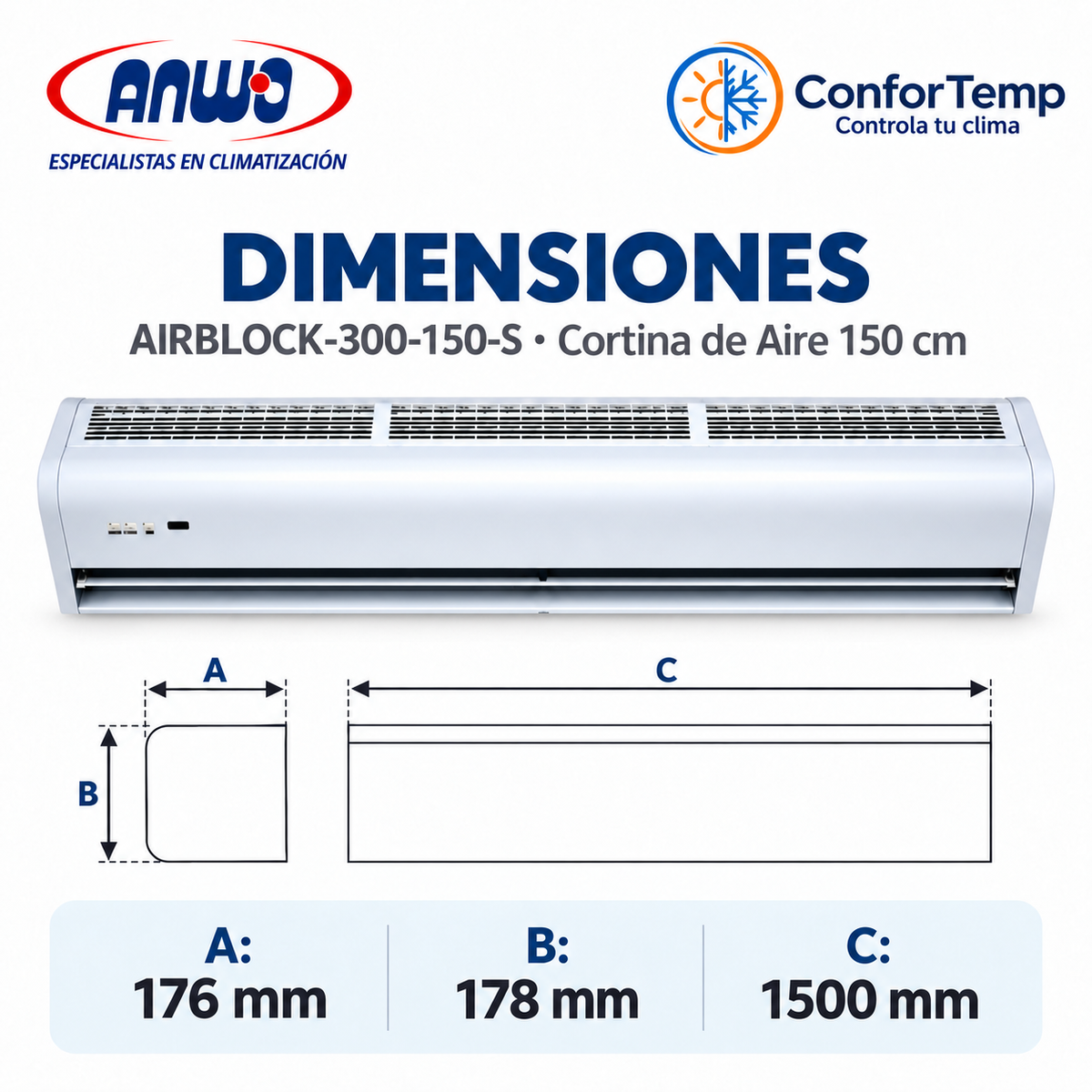 Dimensiones cortina de aire ANWO AirBlock 300 150 cm 1500 x 176 x 178 mm