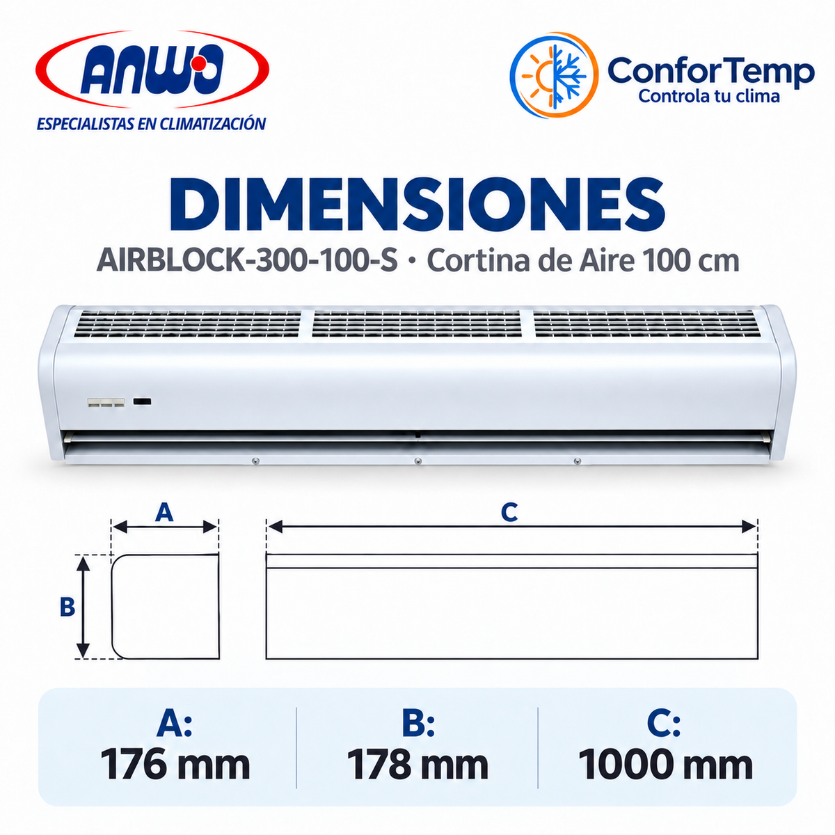Dimensiones cortina de aire ANWO AirBlock 300 100 cm 1000 x 176 x 178 mm
