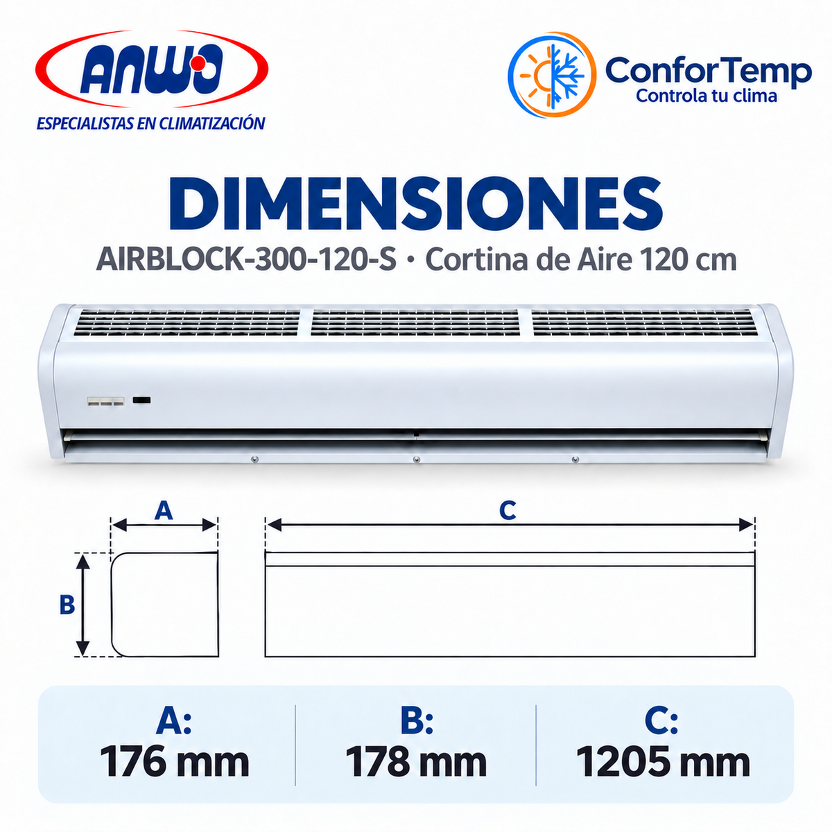 Dimensiones cortina de aire ANWO AirBlock 300 120 cm 1205 x 176 x 178 mm