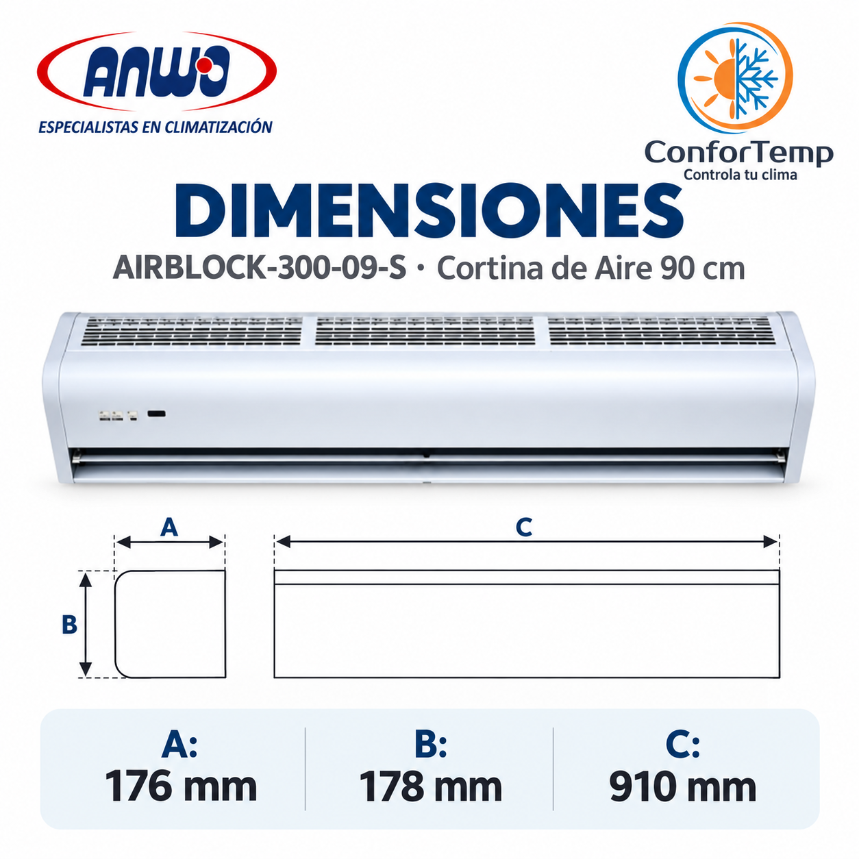 Dimensiones cortina de aire ANWO AirBlock 300 90 cm 910 x 176 x 178 mm