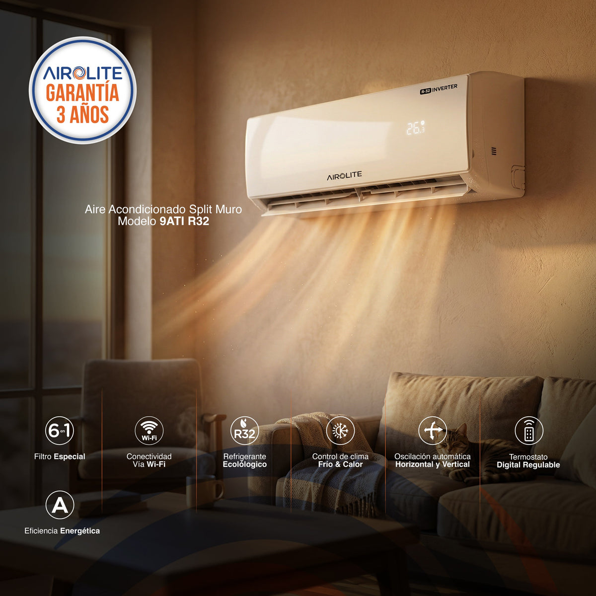 AIRE ACONDICIONADO SPLIT MURO FRÍO-CALOR 9000 BTU INV AIROLITE - imagen 2