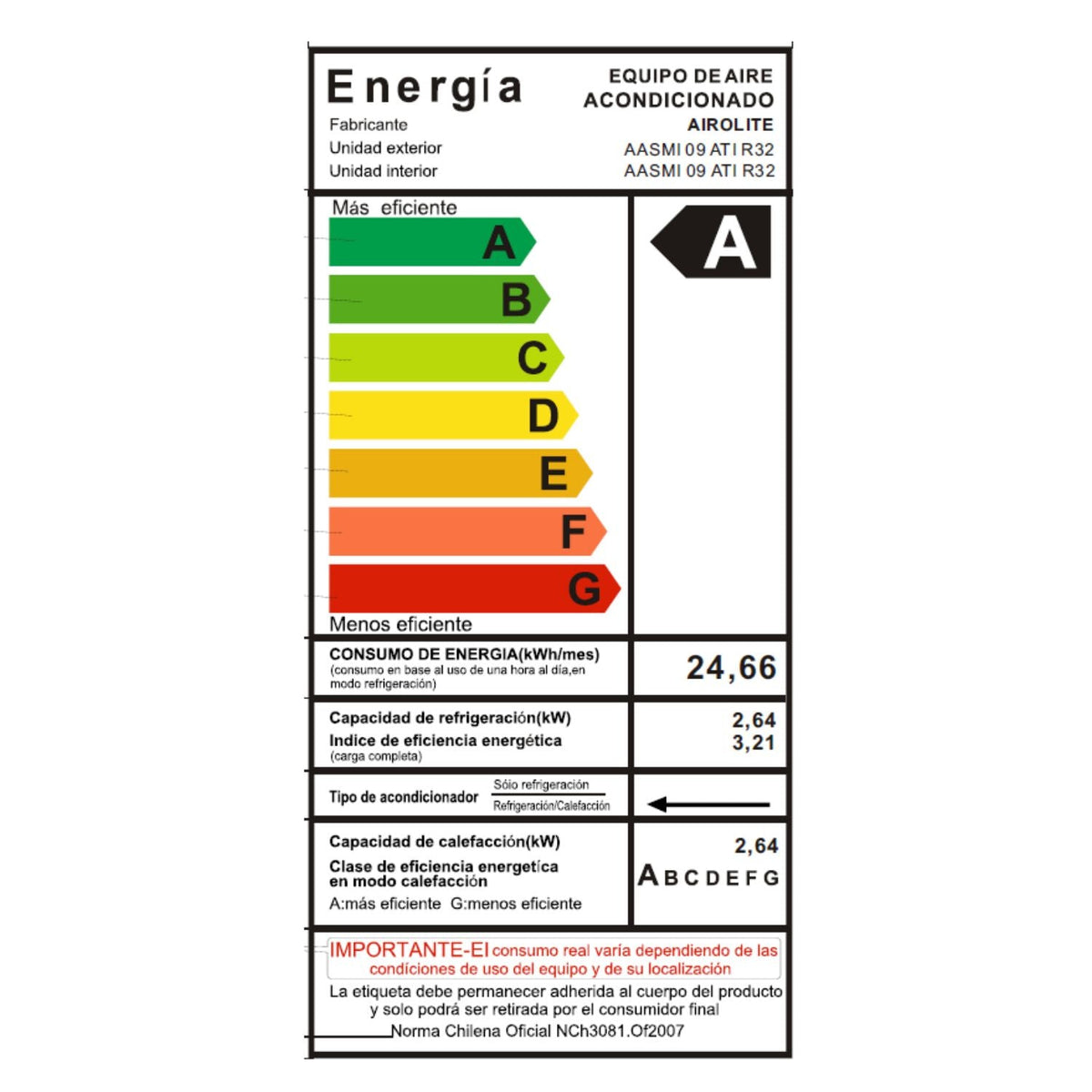 AIRE ACONDICIONADO SPLIT MURO FRÍO-CALOR 9000 BTU INV AIROLITE - imagen 12