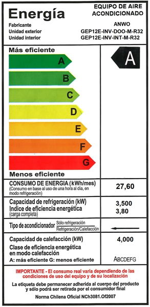 Aire acondicionado Piso Cielo Anwo 12.000 BTU - etiqueta energética