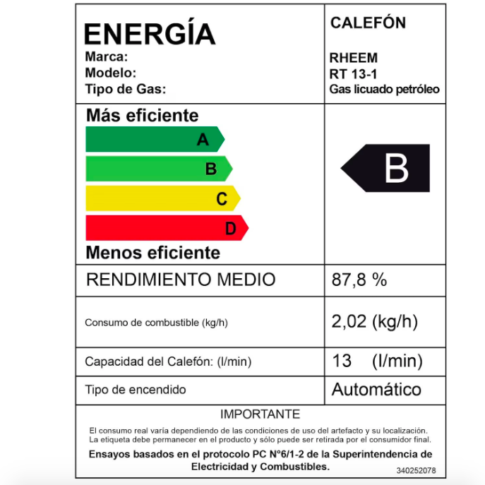 Calefont 13 Litros Tiraje Natural Gas Licuado / Prestige - Rheem